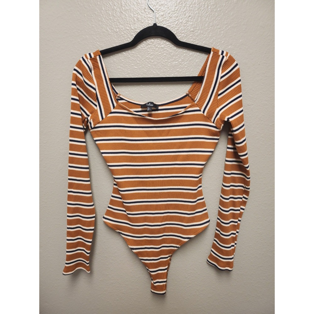 Lulus Mustard Yellow Navy Blue Striped Ribbed Square Neck Long Sleeve Bodysuit L